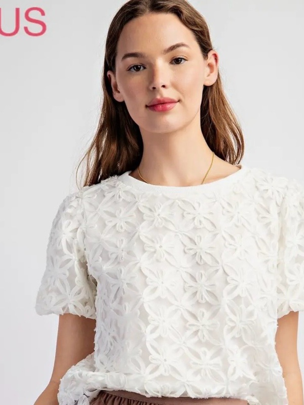🐿️-3D Floral Patch Crew Neck Top with Puff Sleeve Design New- Boutique